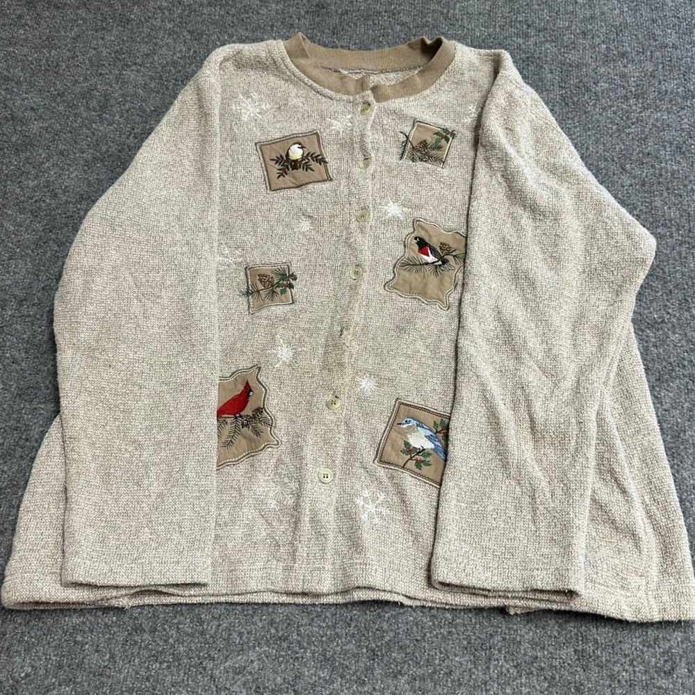 Unbranded Cardigan Womens XL Tan Cotton Blend Bird Embroidered Button Knit Top